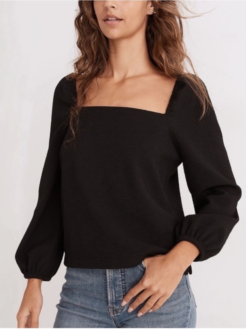 Madewell Black Crepe Square Neck Long Sleeve Top